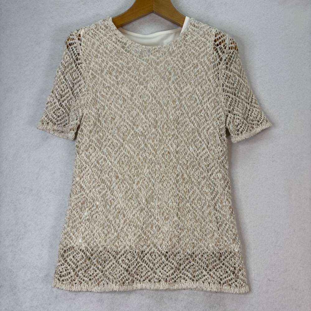 Alfred Dunner Womens Sz M Ivory Crochet‎ Knit Sweater Top Gold Silver Metallic